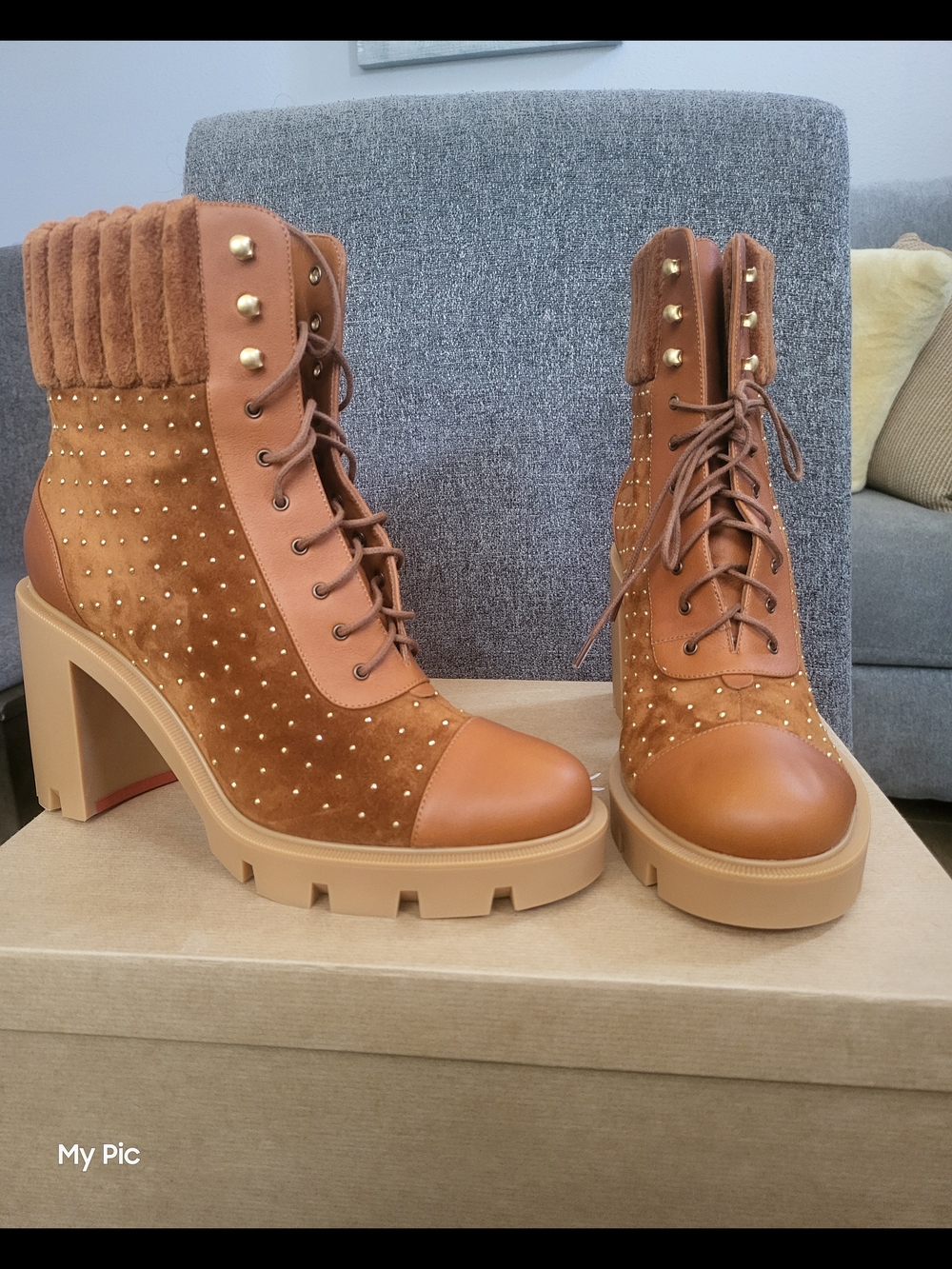 NWOT..Women’s Christian Louboutin Studded Lace-Up Chunky Heel Boot in Brown